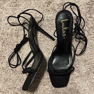 Lulus Black Square Toes Lace Up Velvet Heels